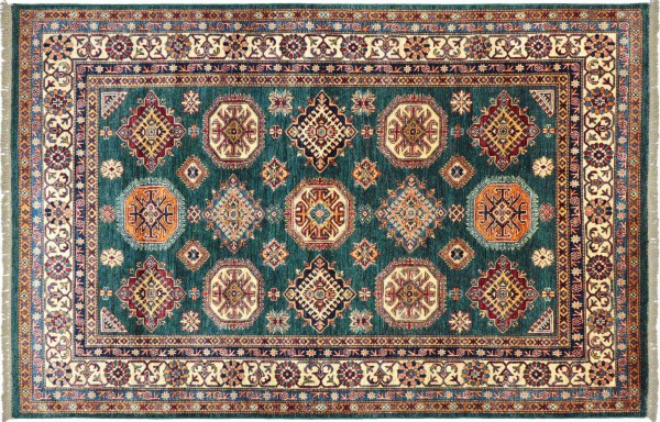 Afghan Kazak Fine Teppich 170x240 Handgeknüpft Grün Geometrische Orient Kurzflor
