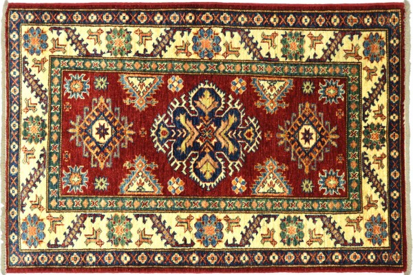 Afghan Fine Kazak Rug 80x120 Hand Knotted Red Border Orient Short Pile