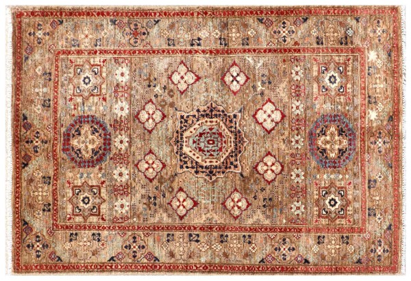 Afghan Ziegler Mamluk Teppich 100x150 Handgeknüpft Braun Geometrisch Orient Kurzflor