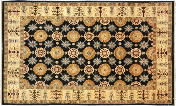 Afghan Chobi Ziegler Rug 190x280 Hand Knotted Black Geometric Pattern Orient