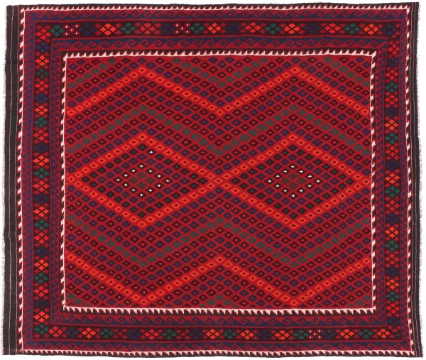 Afghan Kilim Soumakh Ghalmuri Rug 250x300 Handwoven Square Red Geometric