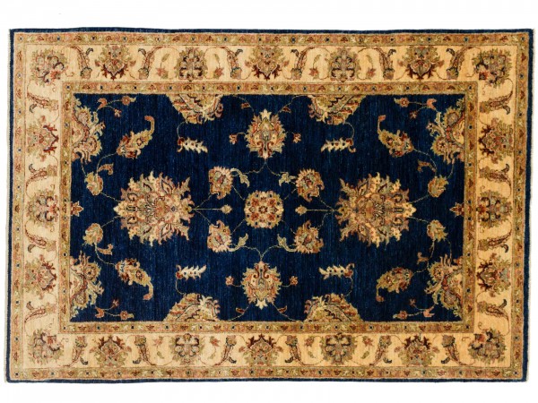 Afghan Chobi Ziegler Rug 120x180 Hand Knotted Blue Floral Pattern Orient Short Pile