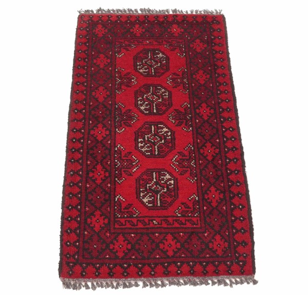 Afghan Teppich Akche Aqcha Handgeknüpft 50x100 Rot Geometrisches Muster Kurzflor