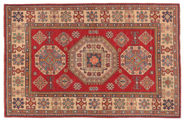 Kazak Teppich 120x180 Handgeknüpft Rosa Geometrisch Orientalisch UNIKAT Kurzflor
