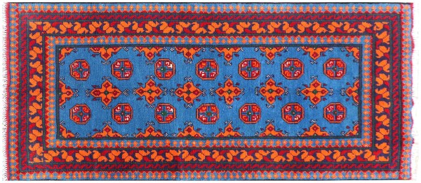 Afghan Akcha Rang Dar Teppich 80x200 Handgeknüpft Blau Durchgemustert Orient Kurzflor