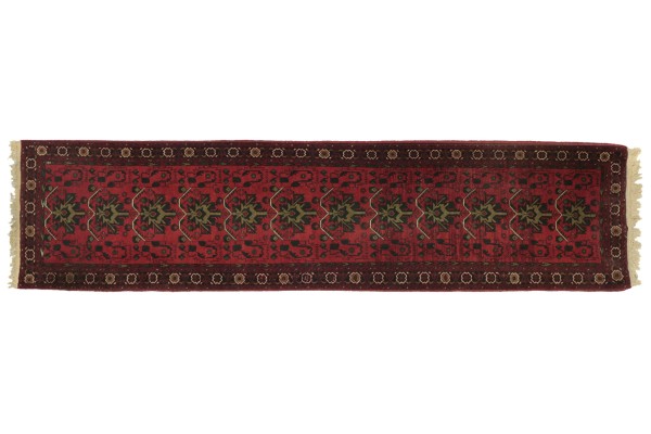 Afghan Mazar Rug 80x340 Hand Knotted Runner Red Geometric Orient Short Pile