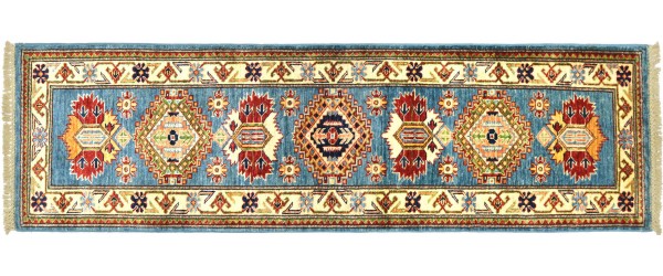 Afghan Kazak Fein 60x180 Handgeknüpft Orientteppich Läufer Blau Geometrisch