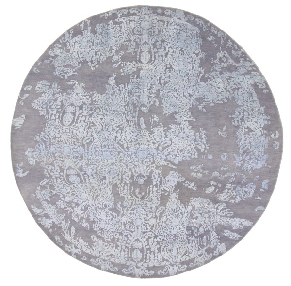 Moderner runder Teppich 250x250 Handgeknüpft Grau Abstrakt Orientalisch UNIKAT Kurzflor