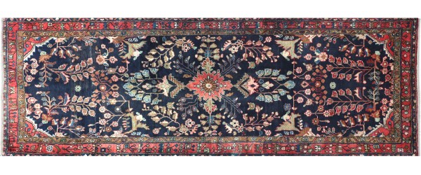 Persian Hamedan carpet 110x310 hand-knotted runner dark blue mirror pattern Orient