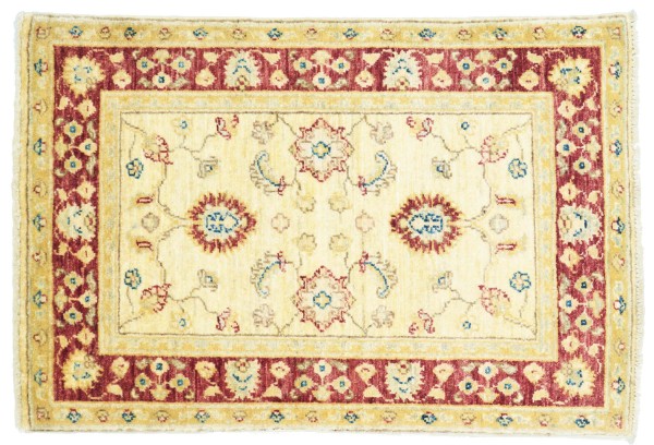 Afghan Chobi Ziegler Rug 60x90 Hand Knotted Beige Floral Pattern Orient Short Pile