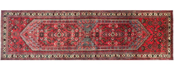 Persian Hamedan carpet 100x320 hand-knotted runner red mirror pattern Orient short pile