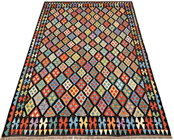 Afghan Maimana Kelim Teppich 200x300 Handgewebt Bunt Geometrisch Handarbeit Gewebt