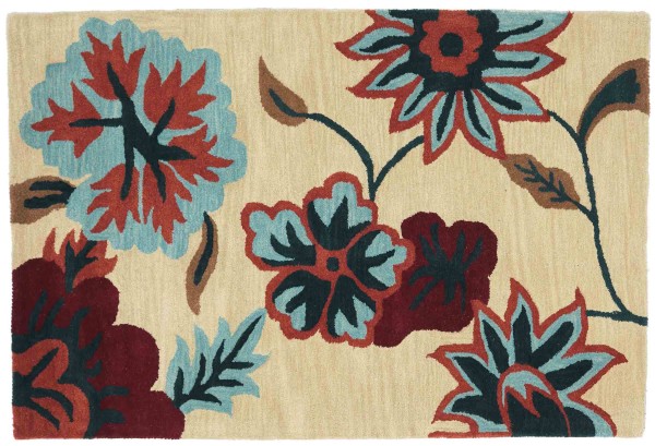 Wollteppich Blüte Handgefertigt 120x180 Beige Floral Handarbeit Handtuft Modern