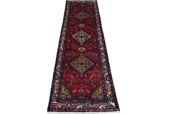 Perser Hamedan Teppich 90x300 Handgeknüpft Läufer Rot spiegelmuster Wolle Kurzflor Rug