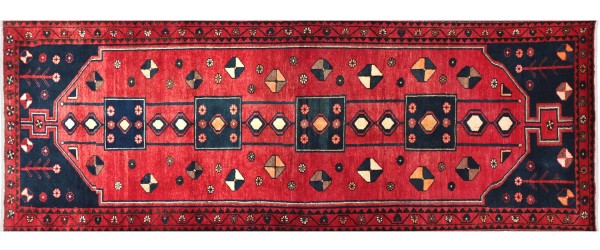 Persian Hamedan carpet 110x300 hand-knotted runner red mirror pattern Orient short pile
