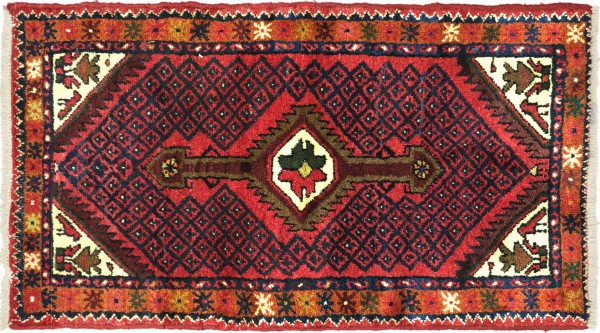 Persian Hamadan Bird Carpet 60x120 Hand Knotted Red Medallion Orient Short Pile
