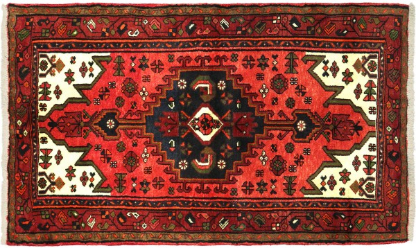 Perser Hamadan 100x150 Handgeknüpft Orientteppich Rot Medaillon Wolle Kurzflor