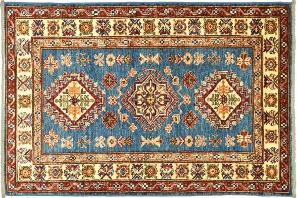 Afghan Fine Kazak Rug 100x150 Hand Knotted Blue Border Orient Short Pile