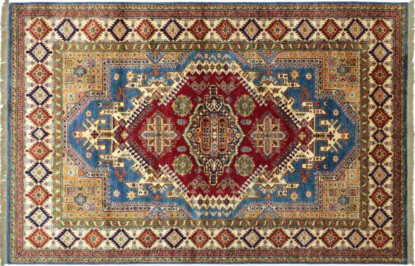 Afghan Kazak Fine Teppich 170x240 Handgeknüpft Beige Geometrische Orient Kurzflor