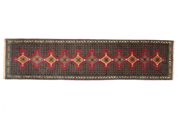 Persian Senneh-LÃ¤fer Rug 90x400 Hand-Knotted Runner Red Geometric Orient Short Pile