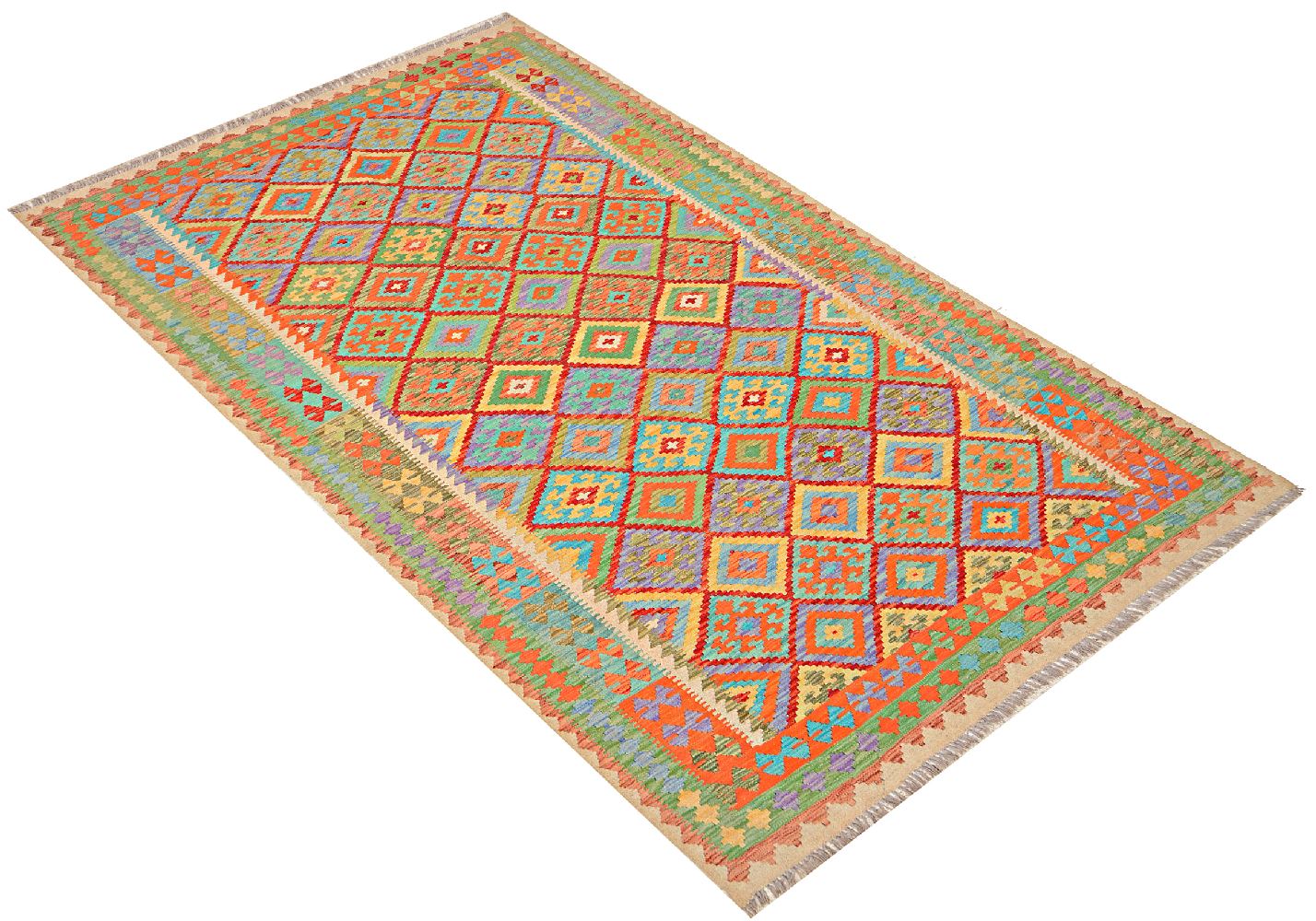 Grand Tapis Kilim Maimana D'Afghanistan – 200x300 Cm – Tissé Main – Multicolore Motif Géométrique