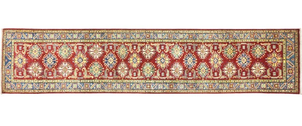 Afghan Kazak Fein 80x340 Handgeknüpft Orientteppich Läufer Rot Geometrisch Wolle