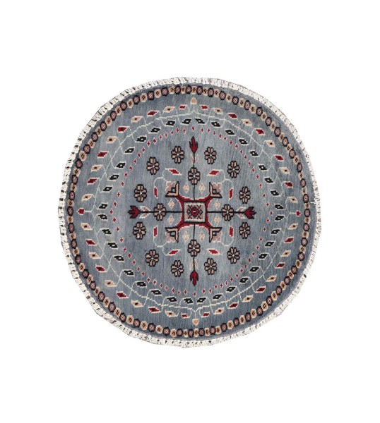 Pakistan Round Bukhara Rug 60x60 Hand Knotted Round Gray Patterned Orient