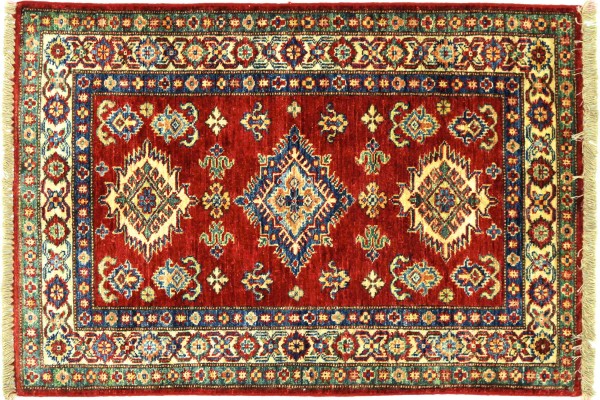 Afghan Kazak Fein 80x120 Handgeknüpft Orientteppich Rot Umrandung Wolle Kurzflor