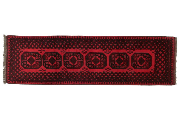 Afghan Aqcha 80x300 Handgeknüpft Teppich Läufer Rot Geometrisch Kurzflor Orient