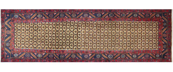 Persian Hamedan carpet 90x300 hand-knotted runner brown mirror pattern Orient short pile