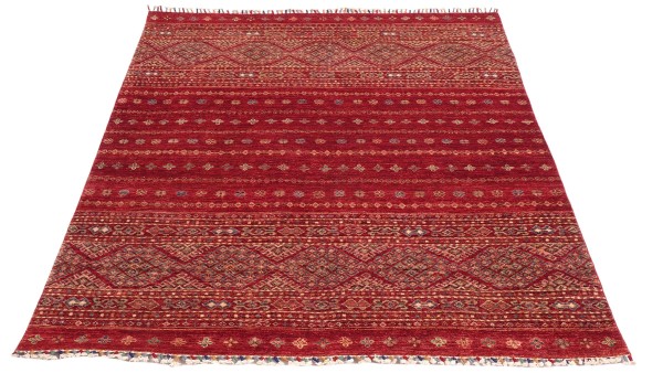 Afghan Ziegler Khorjin Teppich 150x190 Handgeknüpft Rot Gestreift Orient Kurzflor