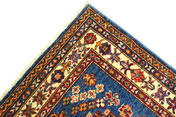 Afghan Kazak Fein 80x300 Handgeknüpft Orientteppich Läufer Blau Geometrisch
