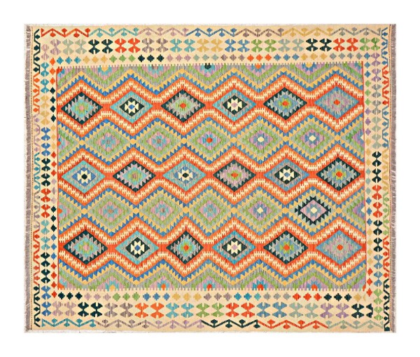 Afghan Maimana Kelim Teppich 250x300 Handgewebt Quadratisch Bunt Geometrisch Handarbeit