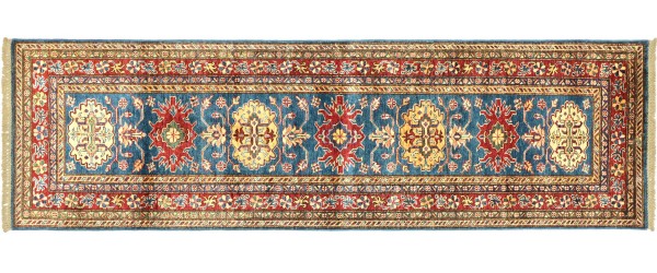 Afghan Kazak Fein 80x240 Handgeknüpft Orientteppich Läufer Blau Geometrisch