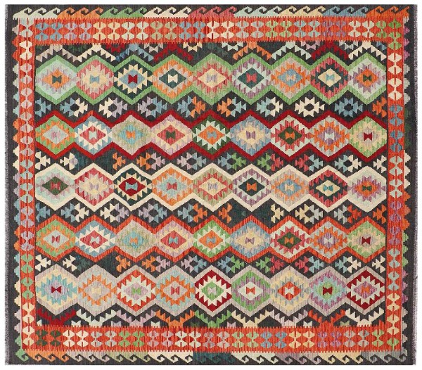 Afghan Maimana Kilim Rug 250x300 Handwoven Square Colorful Geometric Handmade