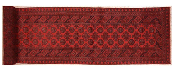 Afghan Aqcha Rug 80x500 Hand Knotted Runner Red Geometric Orient Short Pile