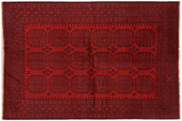 Afghan Aqcha Elephant Foot Rug 200x300 Hand Knotted Red Geometric Orient Short Pile
