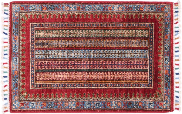Afghan Khorjin Shaal Rug 60x100 Hand Knotted Red Stripes Orient Short Pile