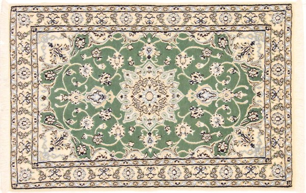 Persian carpet Nain 9LA 60x90 hand-knotted green medallion oriental UNIKAT short pile