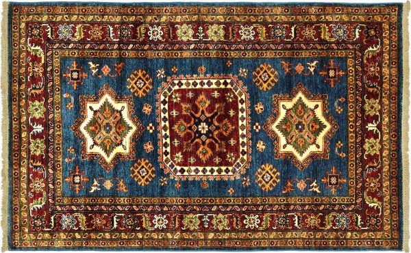 Afghan Fine Kazak Rug 120x180 Hand Knotted Blue Border Orient Short Pile