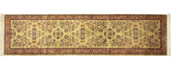 Sarough Teppich 80x300 Handgeknüpft Läufer Ockergrün Floral Wolle Kurzflor Rug
