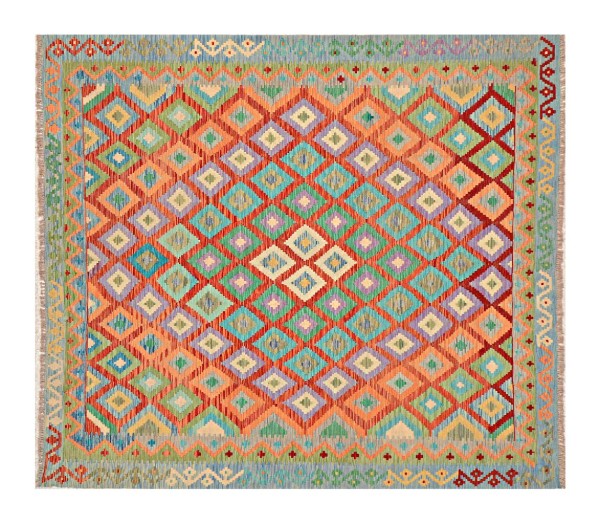 Afghan Maimana Kelim Teppich 250x300 Handgewebt Quadratisch Bunt Geometrisch Handarbeit