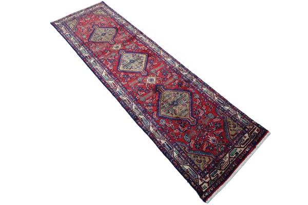 Perser Hamedan Teppich 90x300 Handgeknüpft Läufer Rot spiegelmuster Wolle Kurzflor Rug