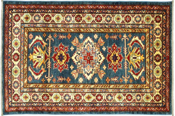 Afghan Kazak Fein 90x160 Handgeknüpft Orientteppich Blau Umrandung Wolle