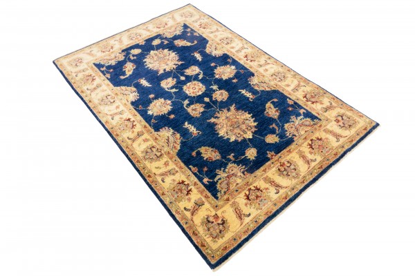 Afghan Chobi Ziegler 120x180 Handgeknüpft Teppich Blau Blumenmuster Kurzflor