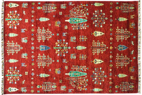 Afghan Ziegler Ariana Bäume 170x240 Handgeknüpft Orientteppich Rot Floral Wolle