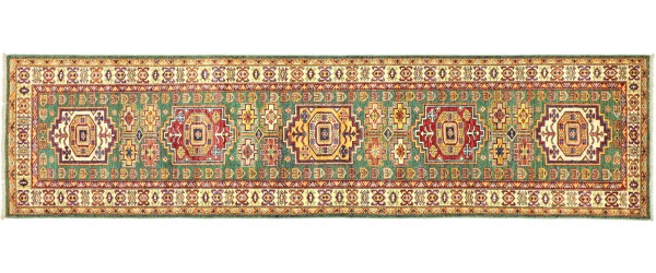 Afghan Kazak Fein 80x300 Handgeknüpft Orientteppich Läufer Grün Geometrisch