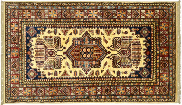 Afghan Kazak Fein 120x180 Handgeknüpft Orientteppich Beige Umrandung Wolle