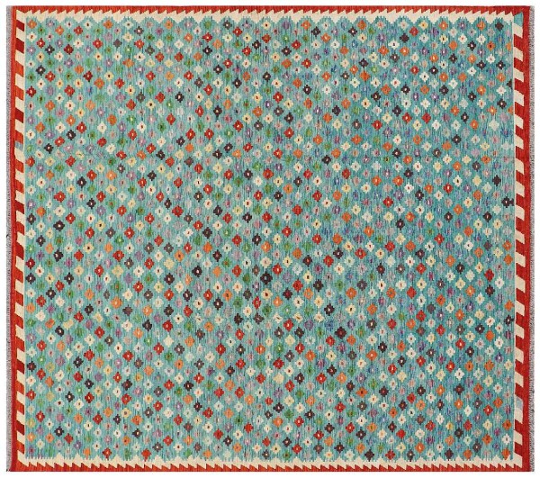 Afghan Maimana Kilim Rug 250x300 Handwoven Square Colorful Geometric Handmade