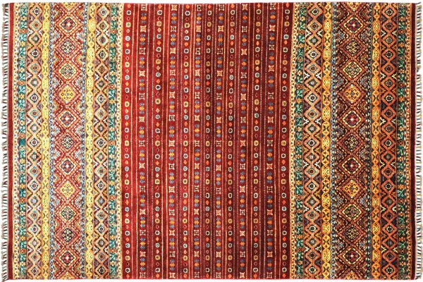 Afghan Khorjin Shaal Rug 200x300 Hand Knotted Red Stripes Orient Short Pile